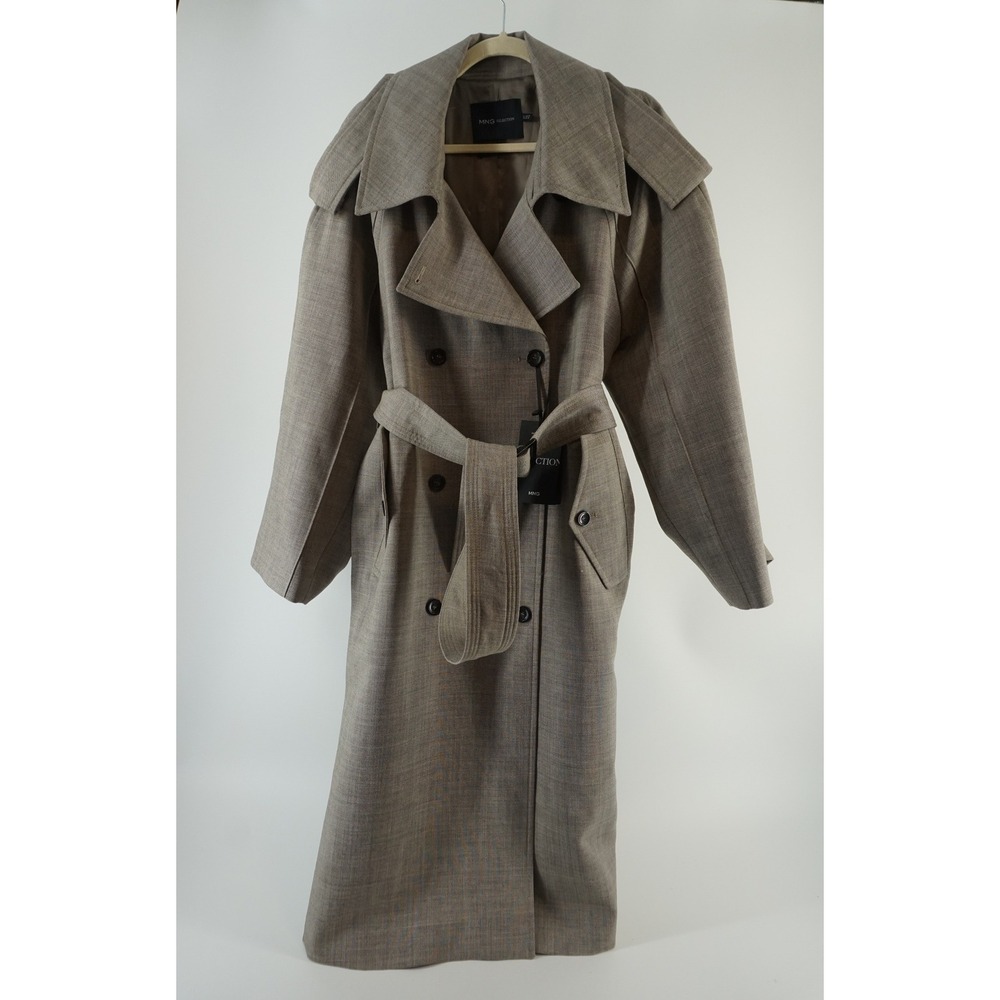 NWT Mango Double Breasted Wool Trench‎ Coat Belted Taupe Brown Quiet Luxury L